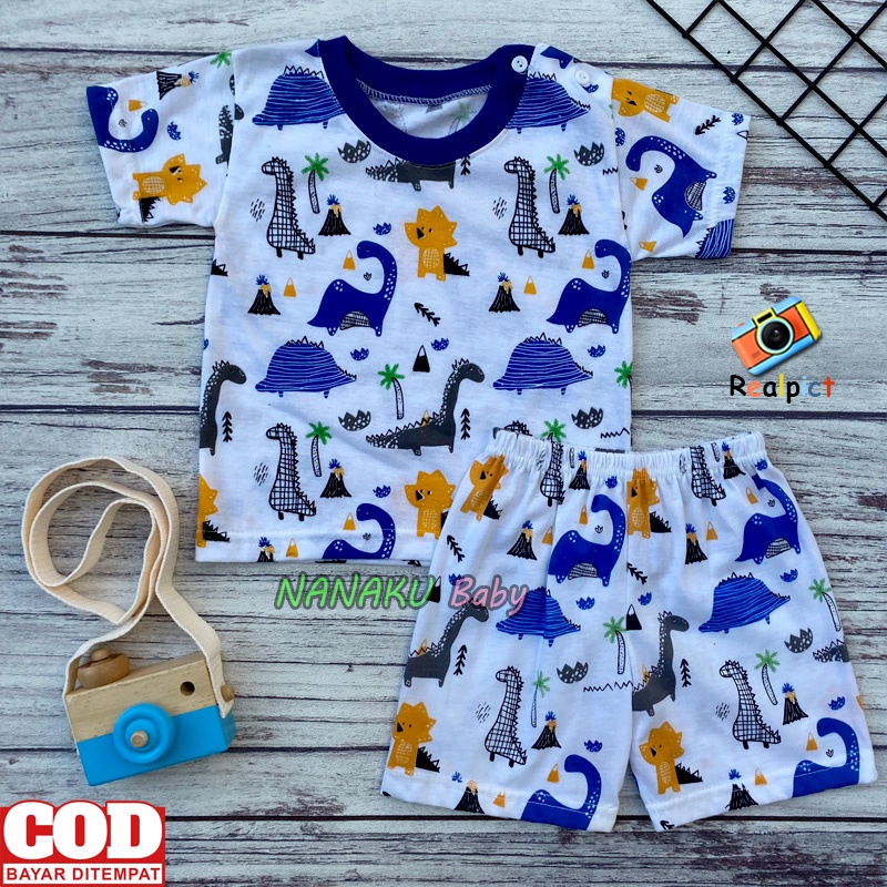 Ana Baby - Setelan baju Bayi Lengan Pendek Kaos Oblong Motif Dino Usia 3-12 Bulan