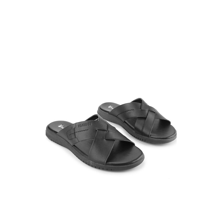 PL47 SANDAL SLIDE PLAYBOY PRIA ORIGINAL CASUAL KULIT BRANDED HITAM