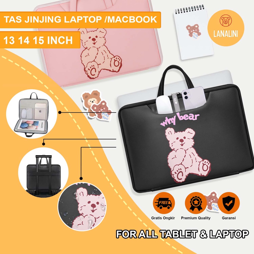 Sleeve Pouch Sarung Tas Bag Case Ipad Tab Tablet Macbook Air Pro Laptop Asus Acer Lenovo HP Huawei 11 12 13 14 15 inch Motif Gambar Kartun Cartoon Bear Beruang Warna Hitam Black Pink Cute Murah Korean Model Jinjing Tali Strap Waterproof Tahan Air