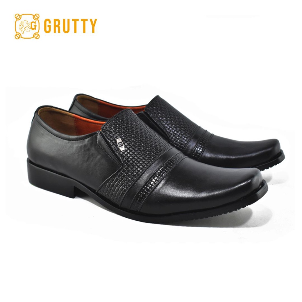 Sepatu Pria formal pantofel kerja kulit asli model slip on  Grutty Sage  Hitam