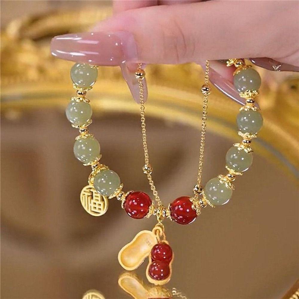 Mxbeauty Unisex Gelang Kreatif Pasangan Hadiah Rantai Warna Emas Cina Beruntung Karakter Niche Desain Fashion Perhiasan Kacang Liontin Imitasi Giok Gelang