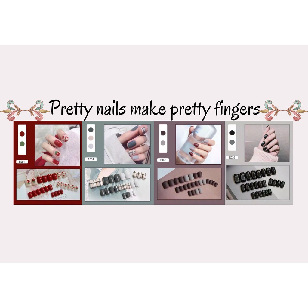 (24 PCS) PRETTY NAILS Kuku Palsu Baru /Stiker Kuku Tahan Air Free Lem 2gr R001-R040 (VHJKT)