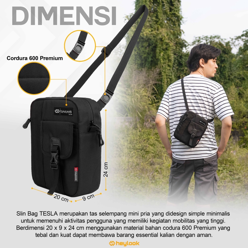 Tas Selempang Kotak Pria Tas Slempang Cowok Sling Bag Tesla Shoulder Bag Black Tas Slempang Bahu Cordura