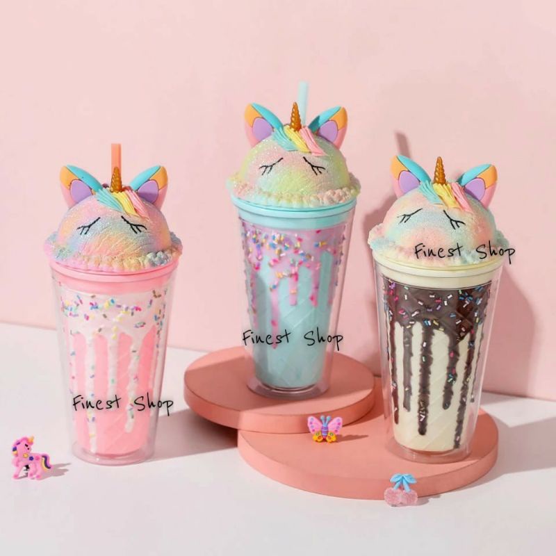 Tumbler Unicorn Gelas GLITTER Sedotan Bubble Rainbow Sparkle Blink Kristal Unik Double Wall Cup Glass Tempat Minum Hologram Design Gelas Lampu Unik Light Glass Bottle Straw Cup-5