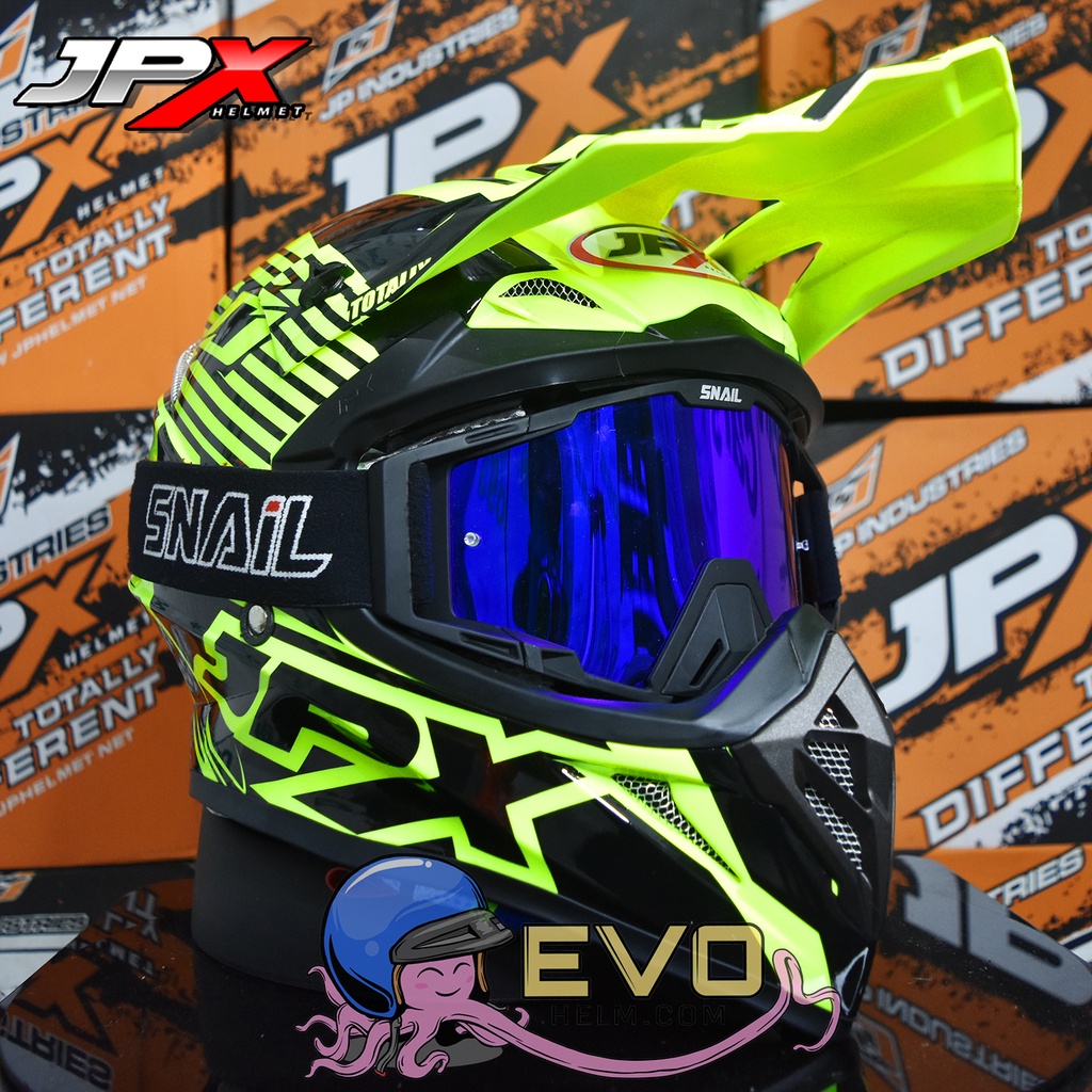 HELM JPX CROSS_FOX1 SERI X12 - FLUO YELLOW GLOSS + GOOGLE SNAIL (ONGKIR 2 KG) HELM JPX TERBARU