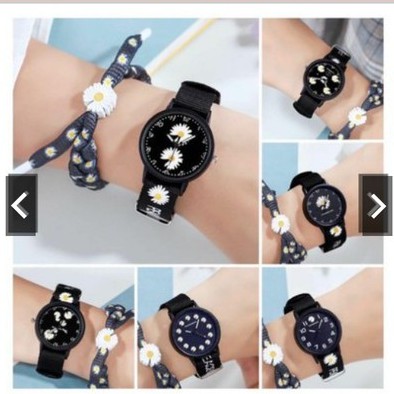 (KW)Jam Tangan Wanita Quartz Analog Motif Bunga Daisy Bahan Nilon Kanvas