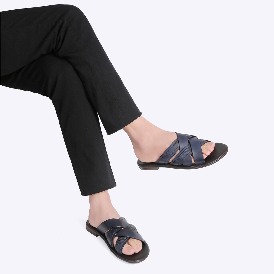 SANDAL SLIDE EVERBEST PRIA ORIGINAL CASUAL KULIT ASLI BIRU NAVY EM43