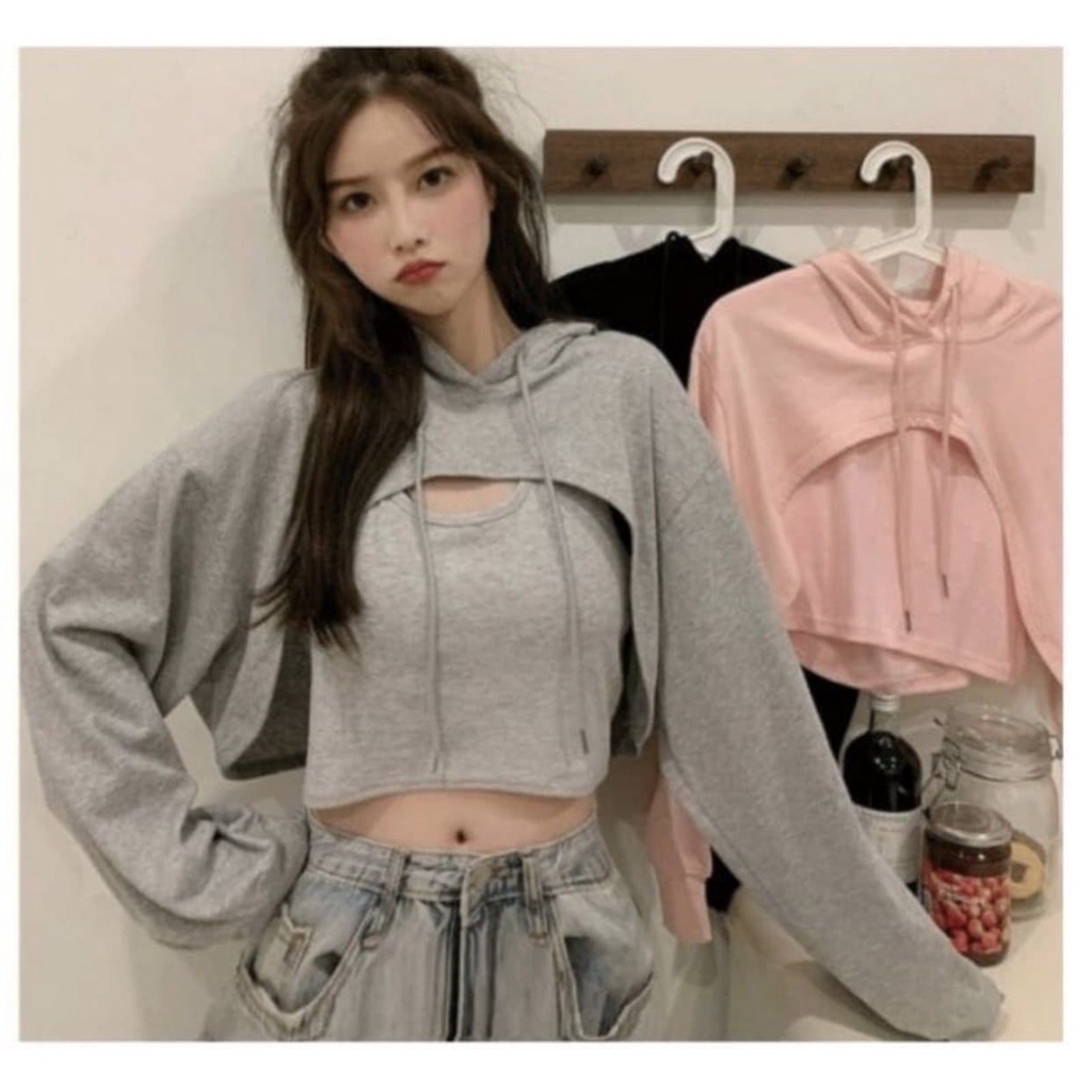 Korean Midriff Hoodie Crop top - Crop Top Lengan Panjang Hoodie - Sweater Crop Wanita Bertudung - Sw