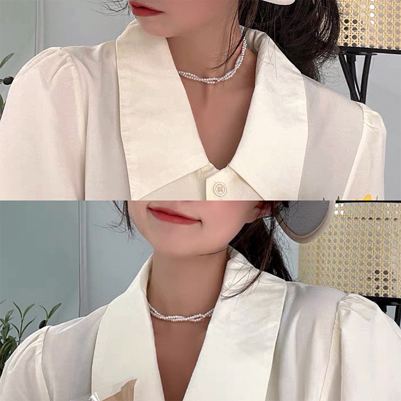 Kalung Rantai Klavikula Hias Mutiara Berlian Imitasi Model Lapis Ganda Gaya Korea Untuk Wanita