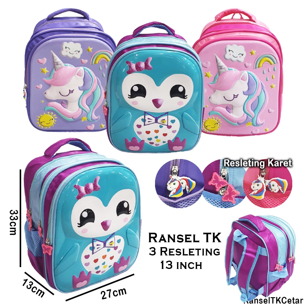 PROMO 10.10 Ransel Import Tas Anak Sekolah Perempuan TK Gambar Kuda Ajaib dan Putri Cantik LILAC 3Resleting dan PIRANG 3D 2Resleting ( Pilihan Varian )