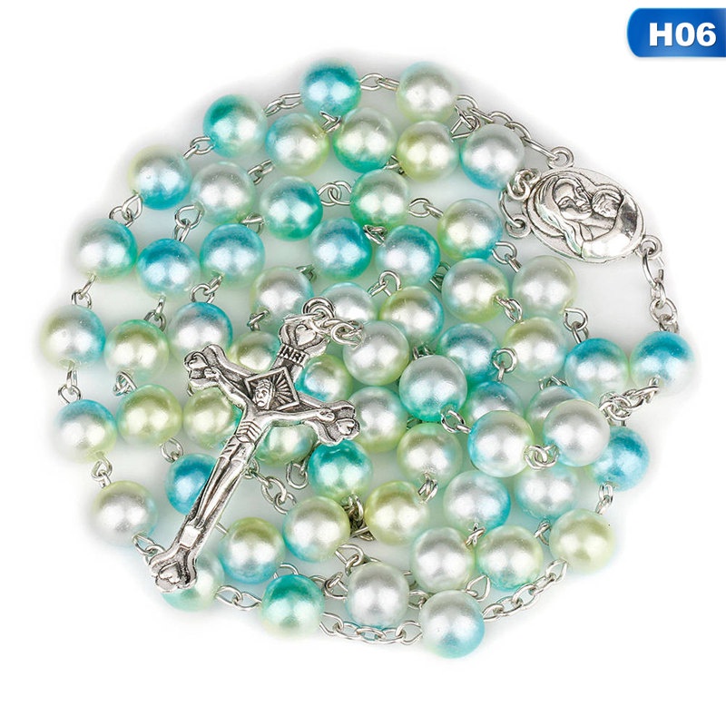 Fashion Bead Glass Pearl Catholic Christian Cross Catholic Rosary Necklace Gifts
