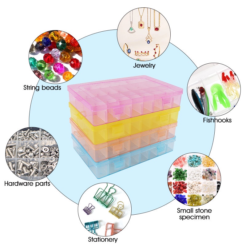 Kotak penyimpanan plastik persegi panjang yang dapat disesuaikan 24 slot 19.5x13x3.5cm