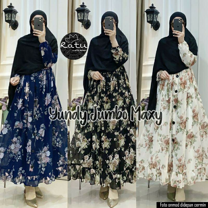YUNDY JUMBO  MAXY / GAMIS CERUTY MOTIF BUNGA CANTIK PARIASI KANCING DEPAN TALI PINGGANG