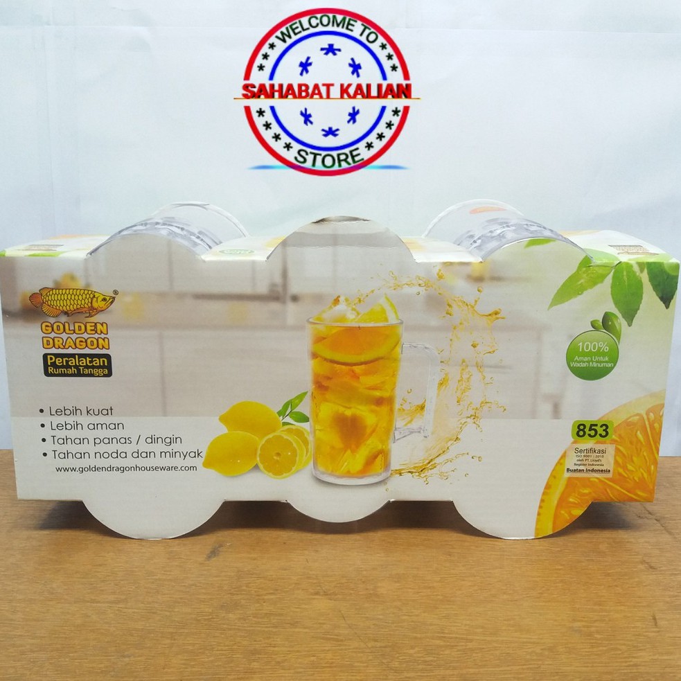 (6 PCS) GELAS PLASTIK GAGANG GOLDEN DRAGON 853 410ML