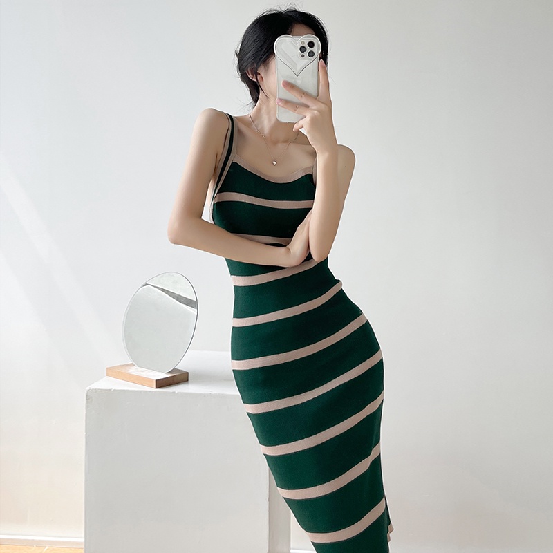 【Elegant】Korean Summer  Sexy Striped Knit Bodycon Midi Dress 7493