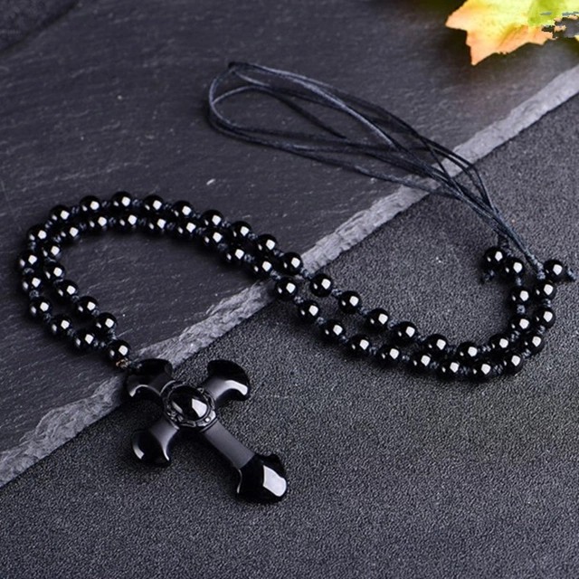 Kalung Salib Batu Black Obsidian Ori