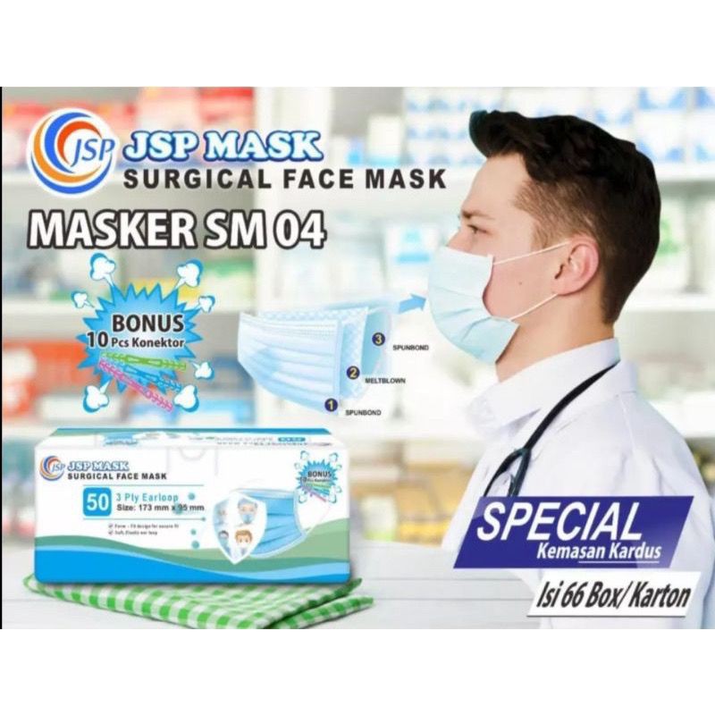 MASKER 3PLY JSP SM 04 EARLOOP (free konector) MEDIS KEMENKES SURGICAL MEDICAL ORIGINAL BOX 50