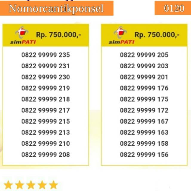 Nomor cantik simpati 0822 seri panca 99999 rapi#0120
