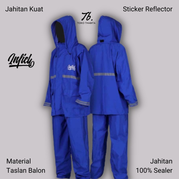 Jas Hujan Pria Bahan Taslan Balon Waterproof Setelan Jaket Celana Stiker Reflector Warna Biru