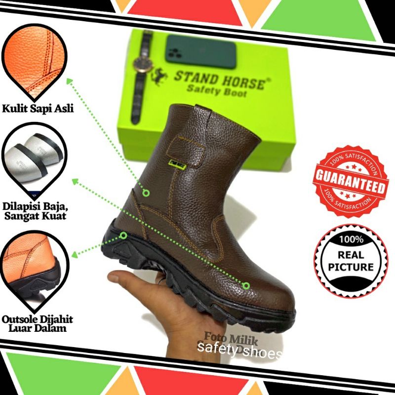 Sepatu Safety Boots Proyek Kulit Sapi Asli kerja Lapangan Septi ujung Besi Murah Unisex