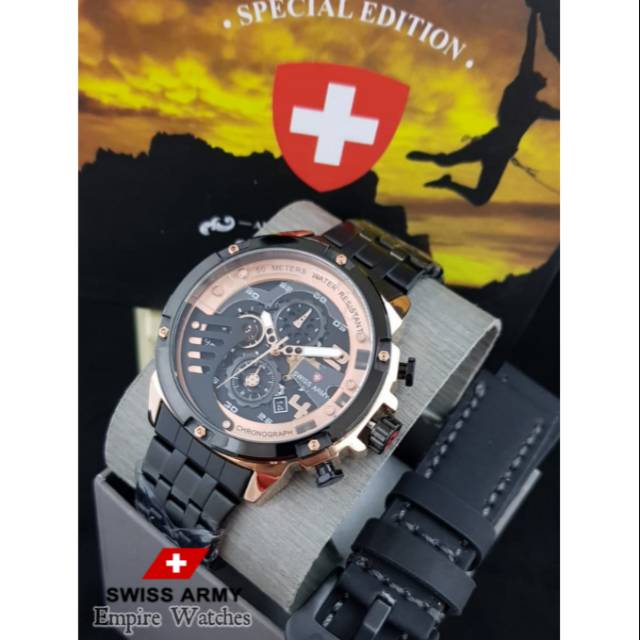 Jam Tangan Swiss Special Edition Pria Cowok Chrono dan Tanggal Aktif Rantai Stainless , Free Strap Leather