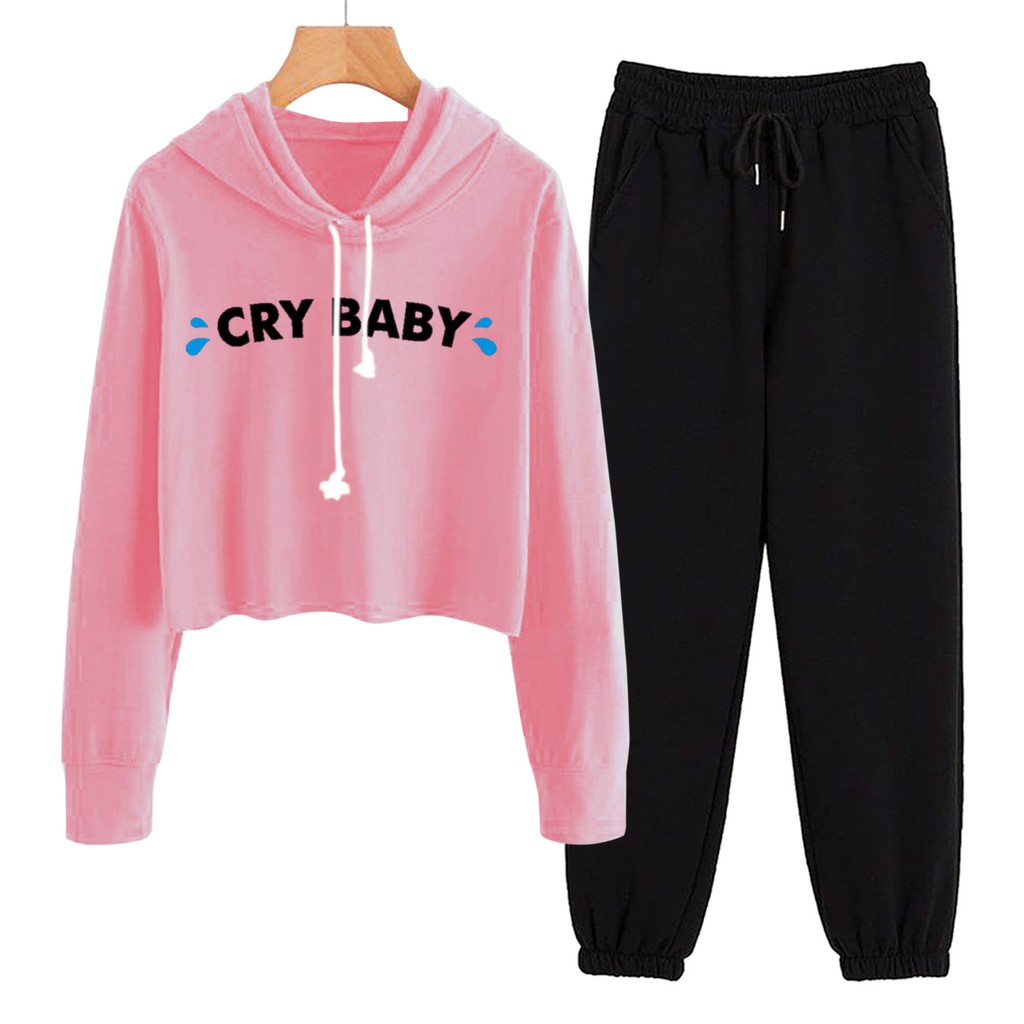 BESS - Baju Setelan Wanita Murah / Setelan Hoodie Crop + Jogger Hitam - CRY BABY