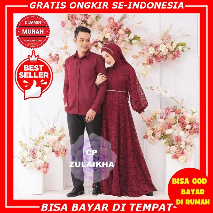 Gamis Couple Batik Kemeja Panjang Pria M L Xl Baju Kondangan Brukat Terbaru - Jelita 04 Cp Zulaikha 