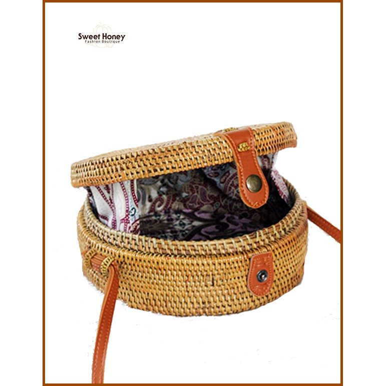 Sweet Honey ~ Grosir Tas Rotan Ate Tas Selempang Bulat Bali Coklat Natural Rattan Bag Natural Diameter 20cm