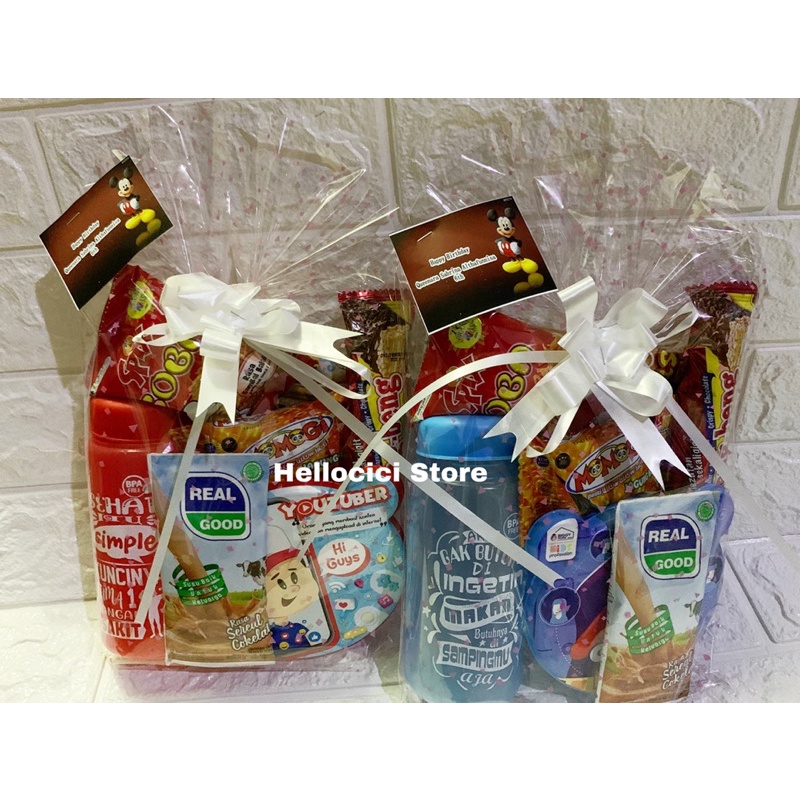 

PARCEL KOTAK MAKAN + BOTOL MINUM BINGKISAN SNACK KEMASAN ULTAH