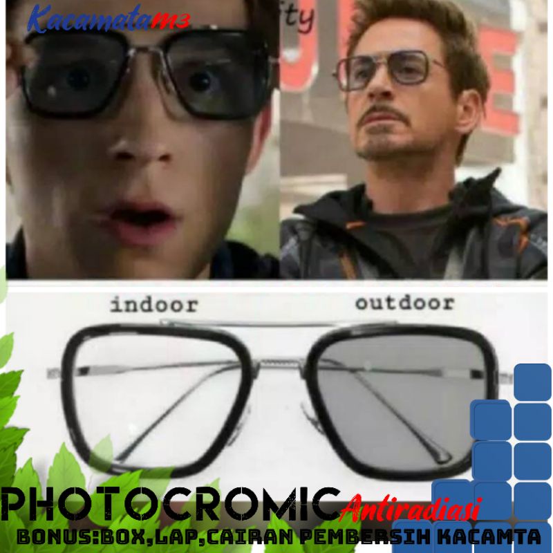 kacamata tony stark lensa photocromic antiradiasi boleh pilih lensa blueray bisa normal minus plus cilinder tergantung permintaan sampai minus 5 cyl 2 harga masih sama tulis saja pesanan kaka di catatan saat order free box lap cairan pembersih kacamata