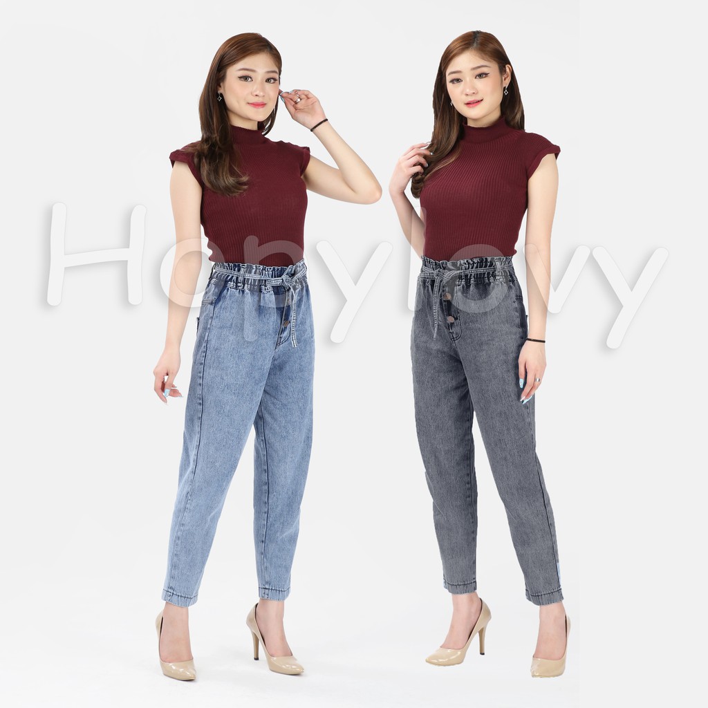 HOPYLOVY - Celana Boyfriend Jeans Wanita Pinggang Karet Baggy Ayuna