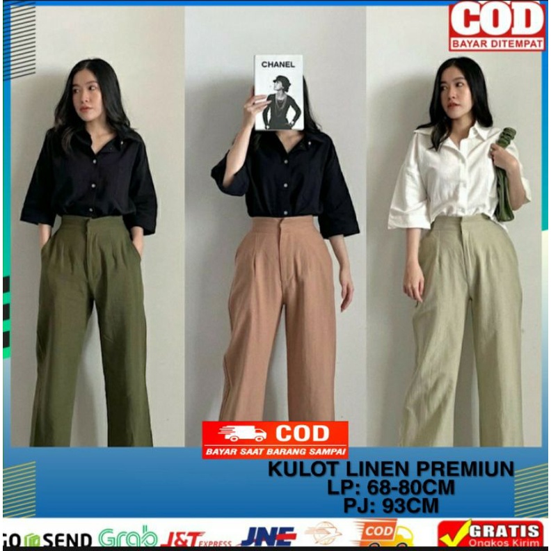 Celana Wanita Highwaist Kulot Rami Linen Premium All Size Kulot Kancing