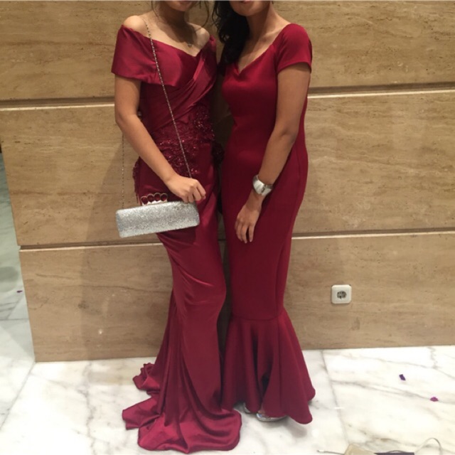 red long/maxi sabrina off shoulder prom dress (gaun prom merah)