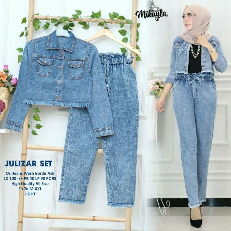 Julizar Set Setelan Baju Wanita Jaket dan Celana Jeans Setelan Outfit Kekinian Casual OOTD Kuliah