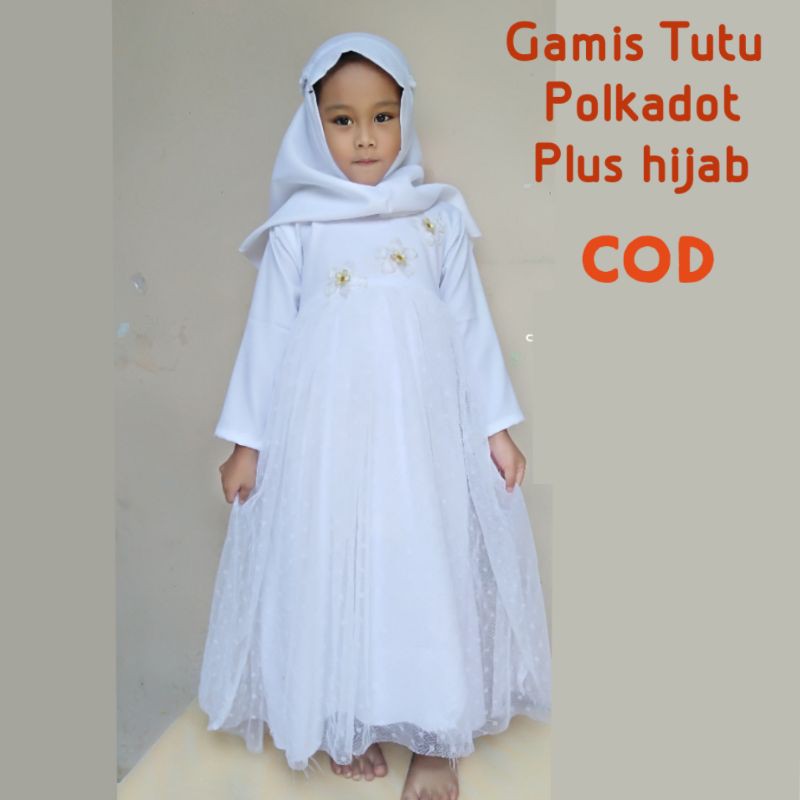 gamis anak tutu polkadot plus hijab