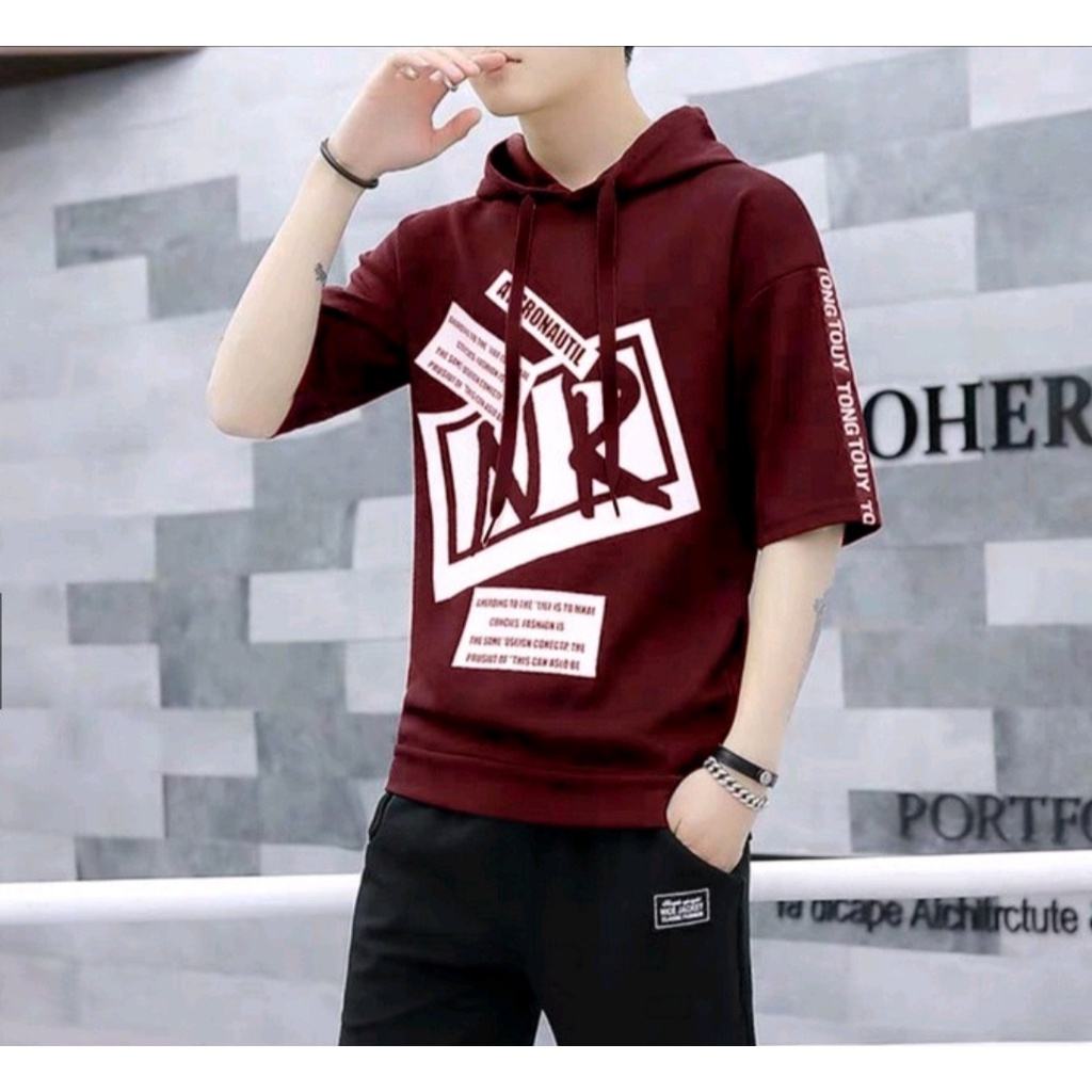 Kaos hoodie printing lengan pendek | Kaos topi printing lengan pendek pria -wanita
