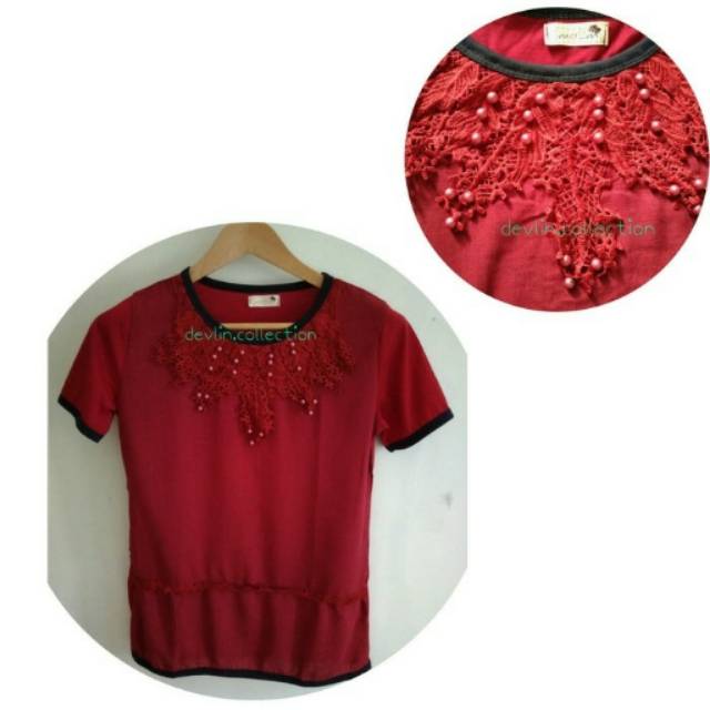 Blouse blus bangkok baju wanita maroon marun maron renda mutiara pearl import thailand