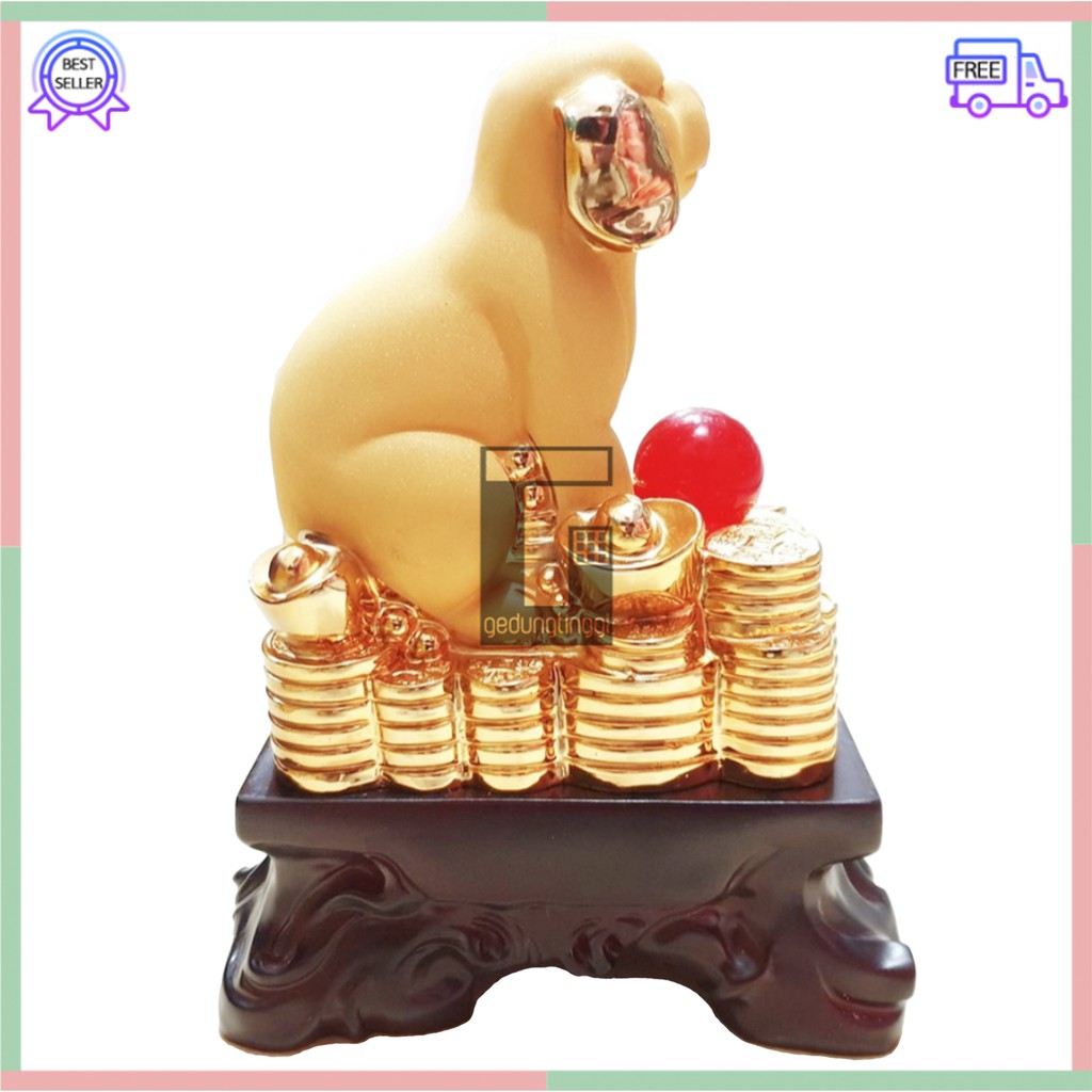 Patung Pajangan Hiasan Imlek Hoki Rejeki Fengshui Lucky 12 Zodiak Shio Anjing Chrome Emas Gold Resin