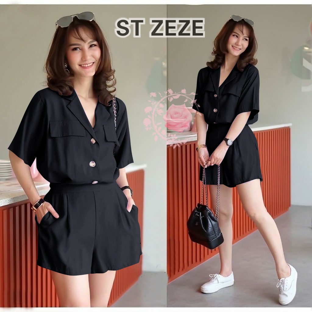 WSE390 - Setelan 2in1 Zeze Celana Pendek dan Atasan Outer Kemeja Kancing Aktif UK Fit L To XL LD 100 CM PJ 60 CM PREMIUM QUALITY