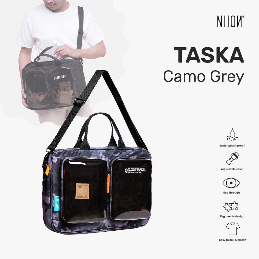 Niion Taska Camo Grey Laptop Sling Bag / Tas Selempang Laptop 15inch Wanita Pria