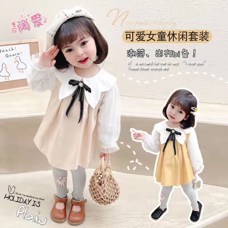 KF CAT Setelan anak perempuan import/ Set anak cewek baju kerah pita + celana legging korea casual style untuk 1 -5 tahun-2