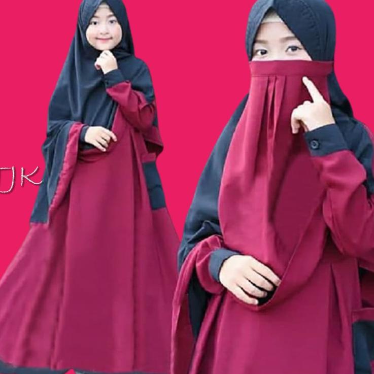 Baju Anak Perempuan, Dress Panjang + Hijab + Cadar, Gamis Syari Set Khimar Umur 8-13 Tahun E74J