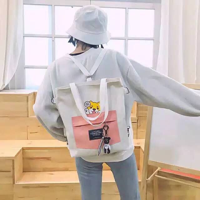 Tas Tote Bag Wanita Kanvas Tebal 3in1 Kucing Cat Lidya Resleting Cewek Sekolah Kuliah Korea Fashion Murah Grosir COD TOKO92