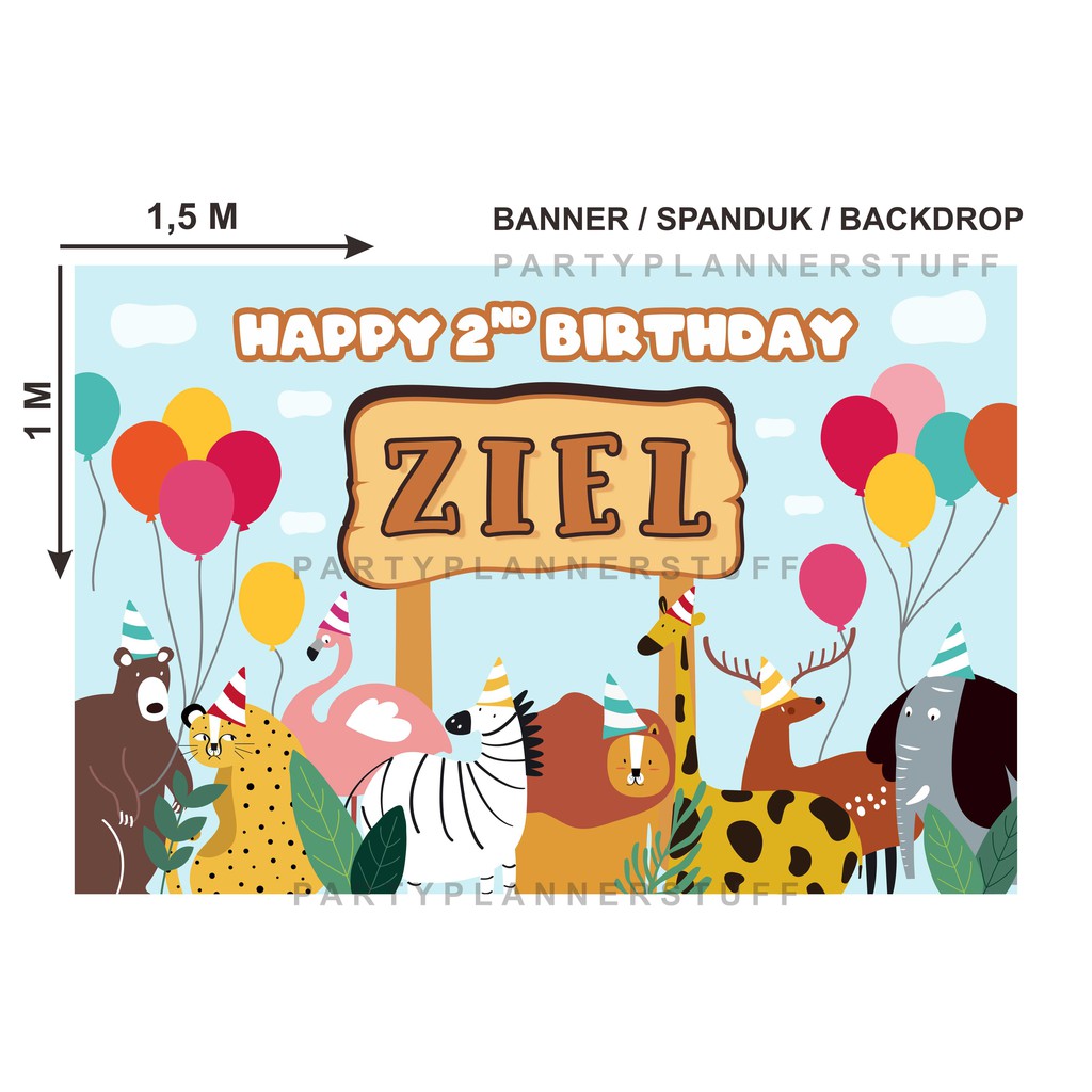 Banner ultah anak tema wild animal party backdrop zoo animal ulang tahun anak dekor tema forest
