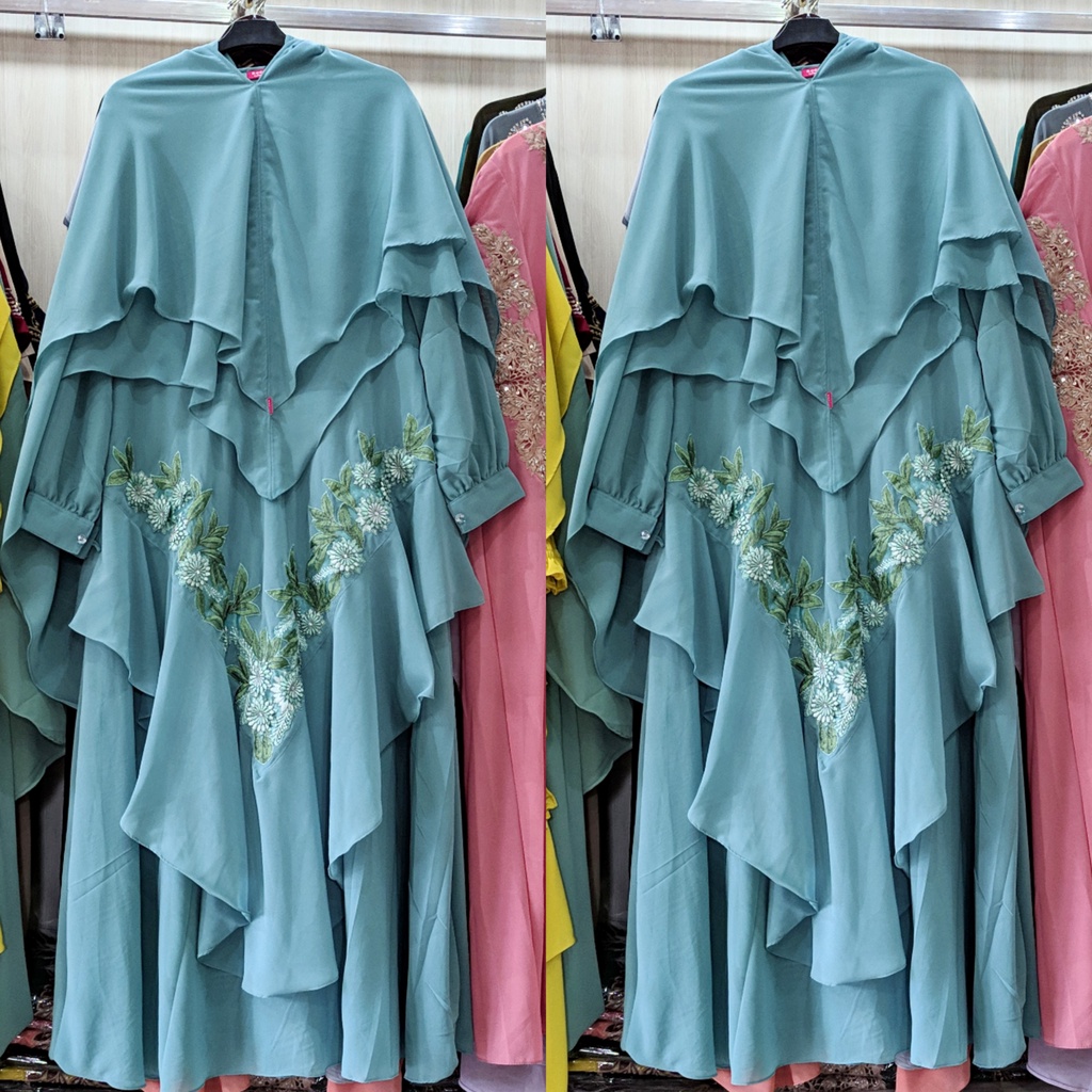 Gamis Syari Ceruty Bordir Set Khimar Gamis wanita Remaja Kekinian Ibu Ibu Jumbo Mewah-Mint