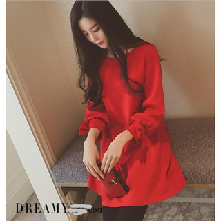 Dress Kaos  Lengan  Panjang  Gaya Korea Warna Merah Ada 