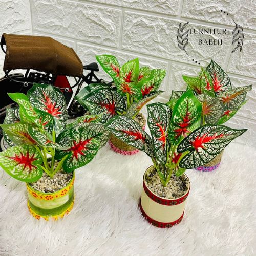 FURNITURE HIASAN RANGKAIAN BUNGA TARO MERAH SET POT BUNGA PLASTIK ARTIFISIAL HIASAN SERBAGUNA