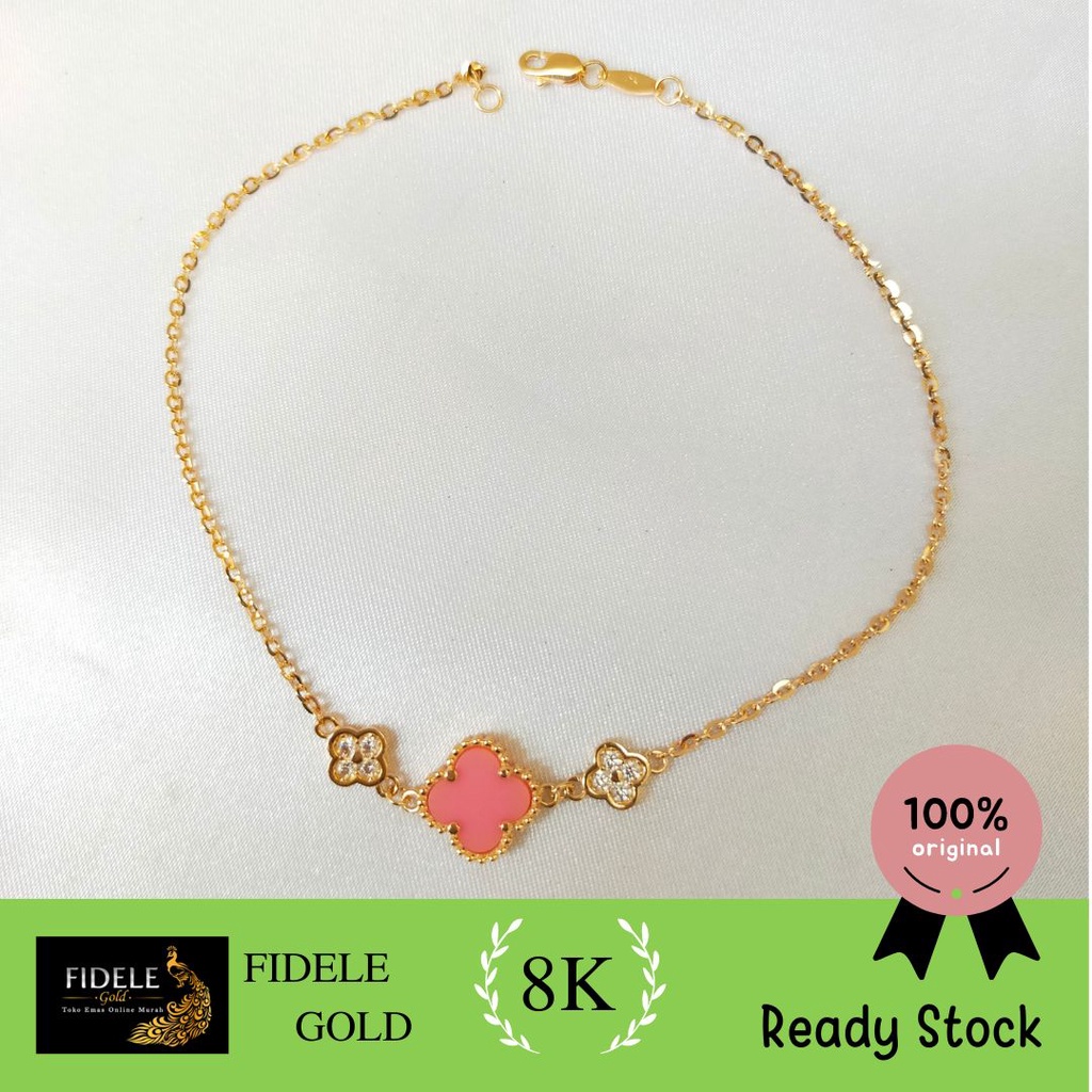 Gelang Kaki Vancleef Bunga Pink Gelang Kaki emas Asli kadar Muda 375