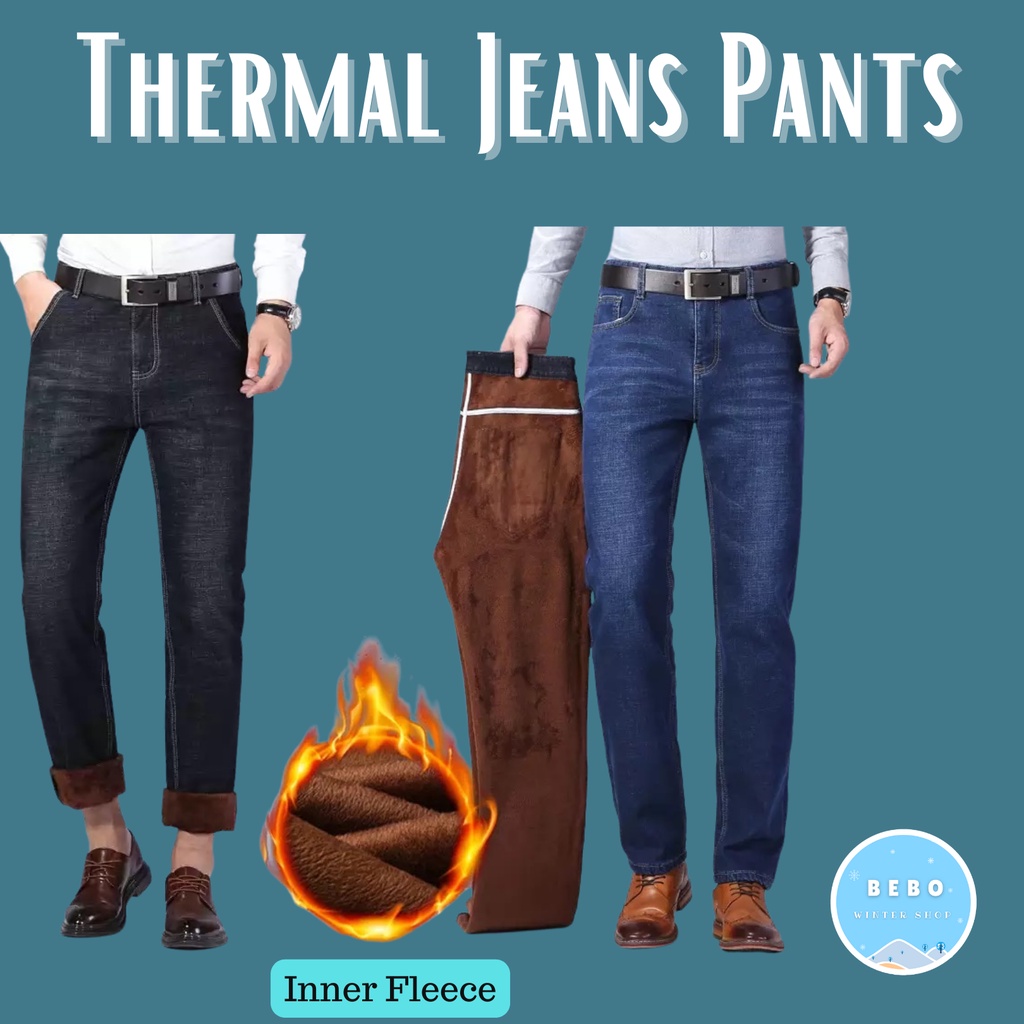 Celana jeans thermal pria musim dinginWinter thermal jeans pants men