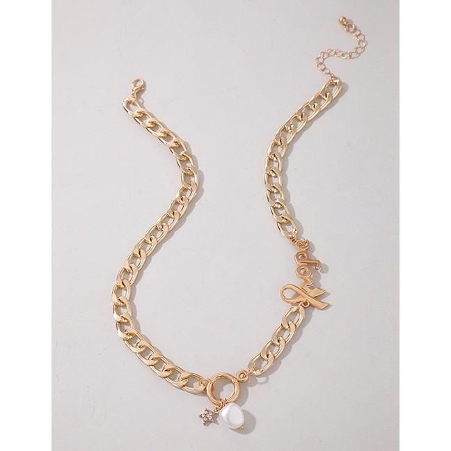 LRC Kalung Fashion Golden Alloy Alphabet Star Pearl Circle Necklace P06570